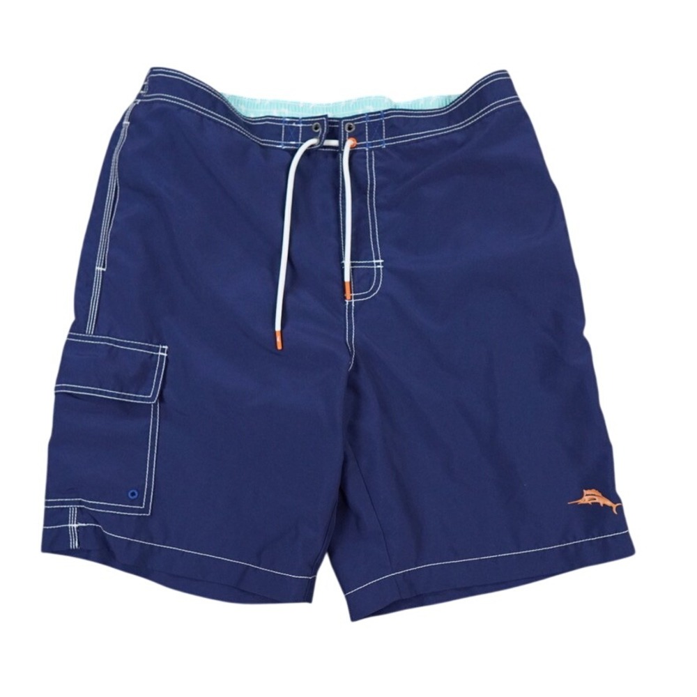 Tommy Bahama Board Shorts Mens L Navy Blue Regular Logo Cargo‎ Pocket Beach Swim